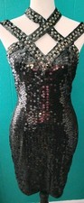 Vtg Niteline by Della Roufogali Sequin Size 2 Cocktail Dress Black. Gold