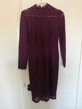 Adrianna Papell Lace Sheath Dress Size 6P Purple Long Sleeve Mock Neck