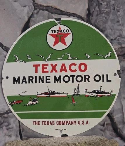 VINTAGE TEXACO MARINE MOTOR OIL PORCELAIN GAS PUMP SIGN 12"