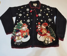 Vtg Heirloom Collectibles Women's sz Medium Let It Snow Snowman Sweater Black
