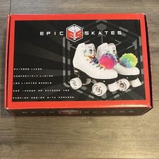 Epic Twilight Youth Quad Roller Skates Size 2 White w/ Rainbow Laces with Box
