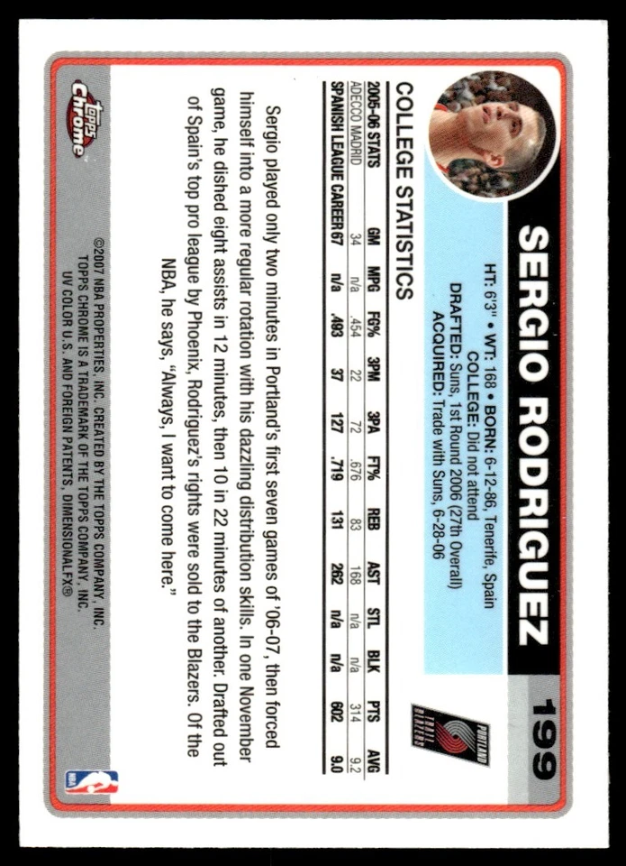 2006-07 Topps Chrome Sergio Rodriguez Rookie Portland Trail Blazers #199 - Image 2 of 2