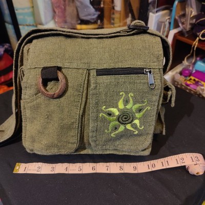 Flying High Foot Path Trading Co Messenger Bag Zip Beige Peace Sign Embroidery
