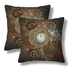 Steampunk Throw Pillow Covers 18x18 Set of 2 Rusty Clock and Gears Decorative...