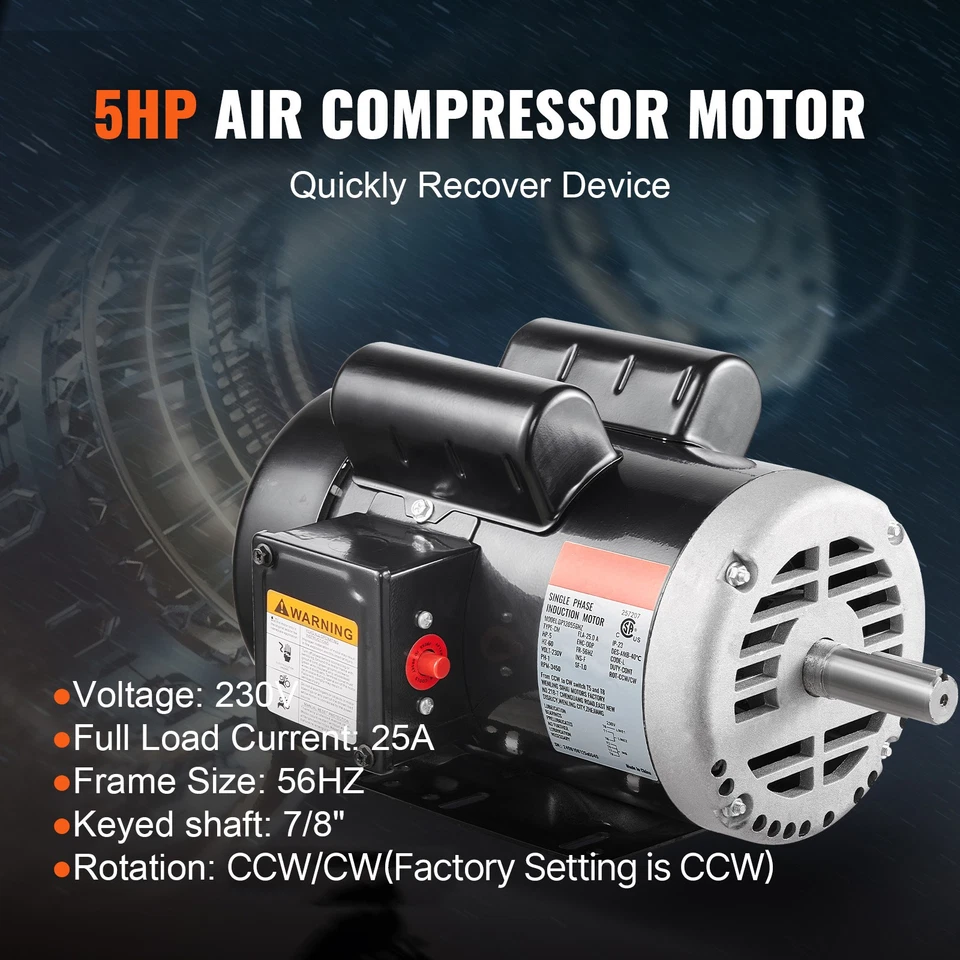 Uimoso 5HP Air Compressor Electric Motor 230V 3450RPM 56Hz Frame CW/CCW Rotation - Image 2 of 4