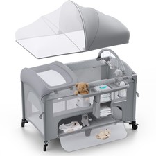4-in-1 Baby Bassinet, Pack and Play, Bedside Crib, Diaper Changer with Mattress