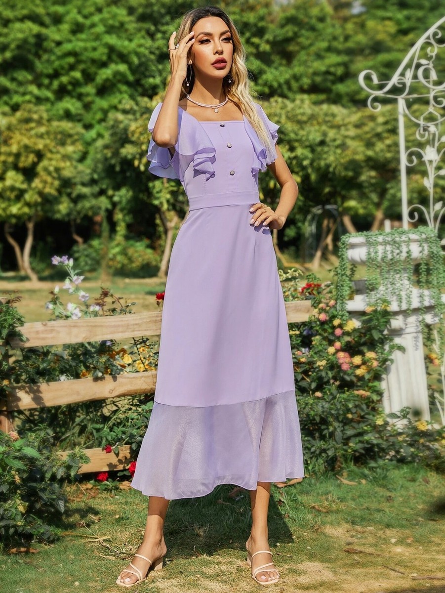 SHEIN Button Half Butterfly Sleeve A-line Purple Dress | eBay