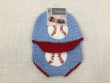 Hand Crocheted Baseball Themed Hat and Diaper Cover 2 Piece Set Sz. 0-9 Months