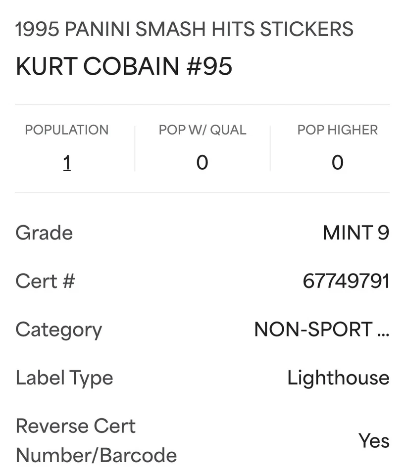 PSA 9 RC Kurt Cobain 1995 Panini Smash Hits 1st Edition Rookie Sticker Nirvana - Image 3 of 3