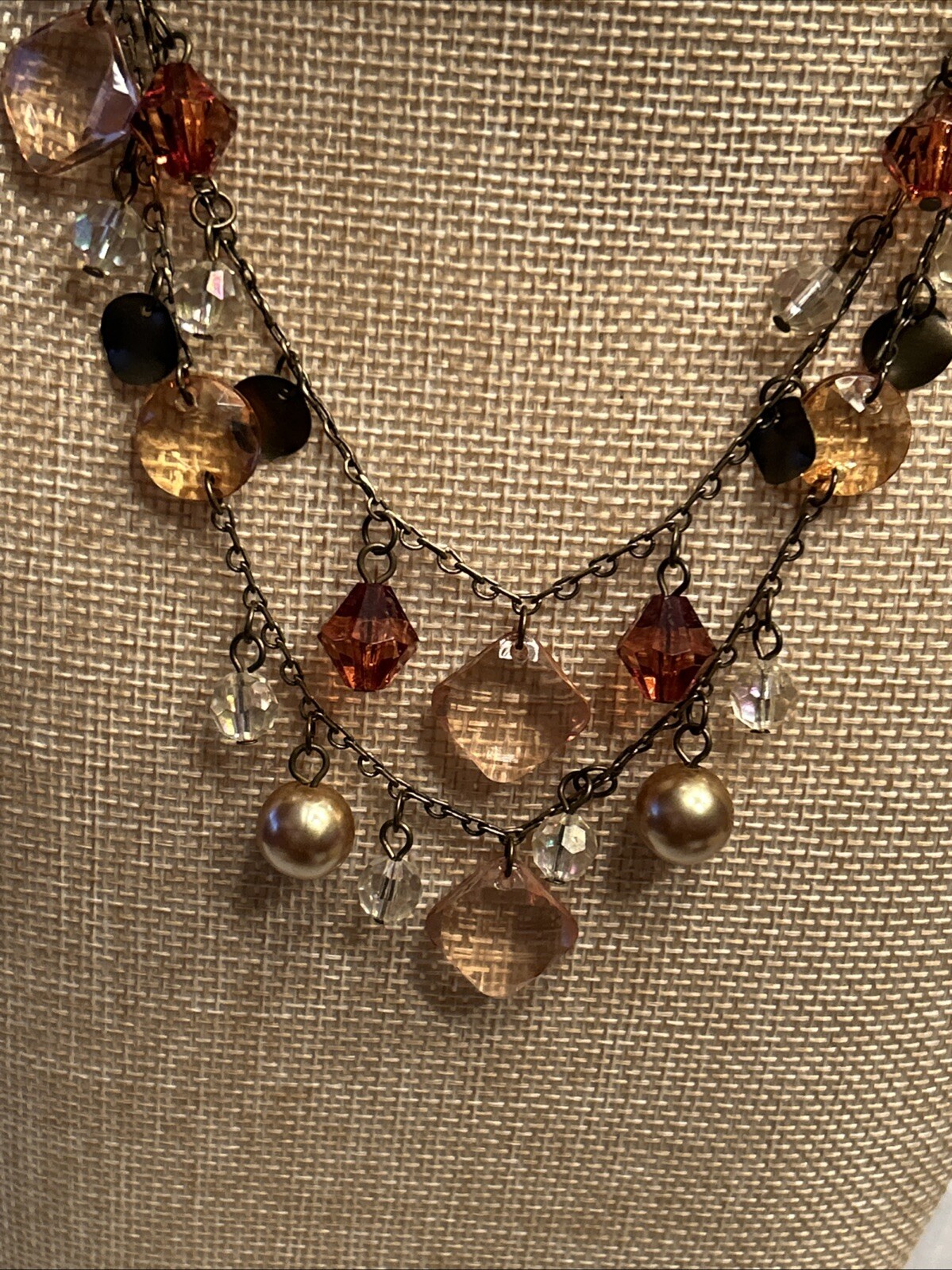 Vintage Premier Designs Bronze Amber Rose Iridescent Lucite Charm Double Necklace