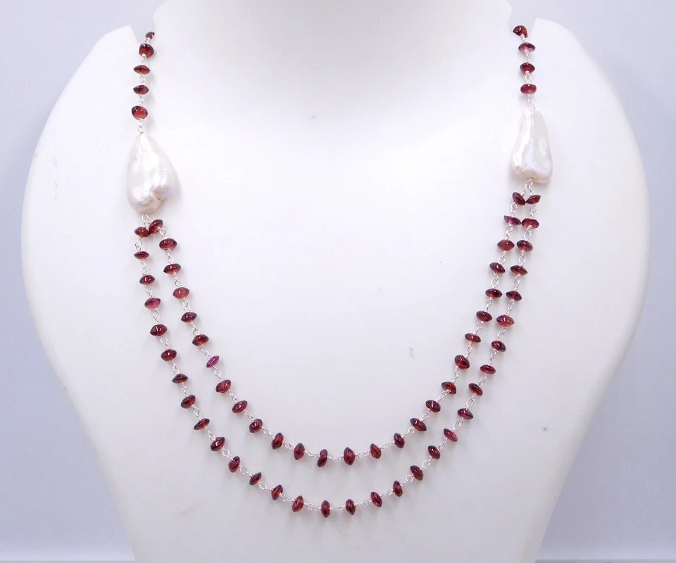 19.4 GM 925 Argento Sterling Naturale Granato Gemma Collana Perle Misura 50.8cm - Immagine 4 di 4