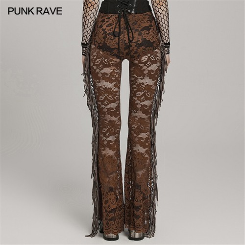 Punk Rave Mujeres Punk Sexy Calce Ajustado Pantalones Gótico Floral Malla Encaje Pantalones Acampanados - Imagen 20 de 29