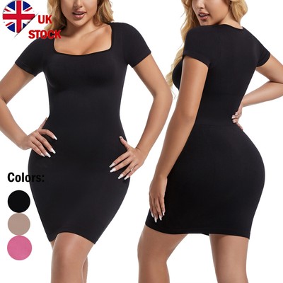 Short Sleeve Dress for Women Tummy Control Mini Slips Square Neck Body Shaper UK