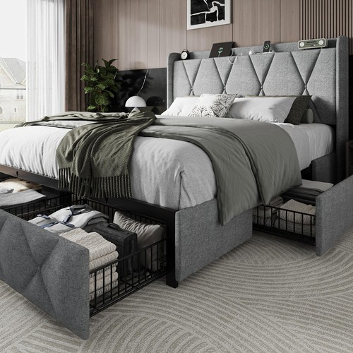Einhomn Full Size Bed Frame with 4 Storage Drawers and Charging Station ...