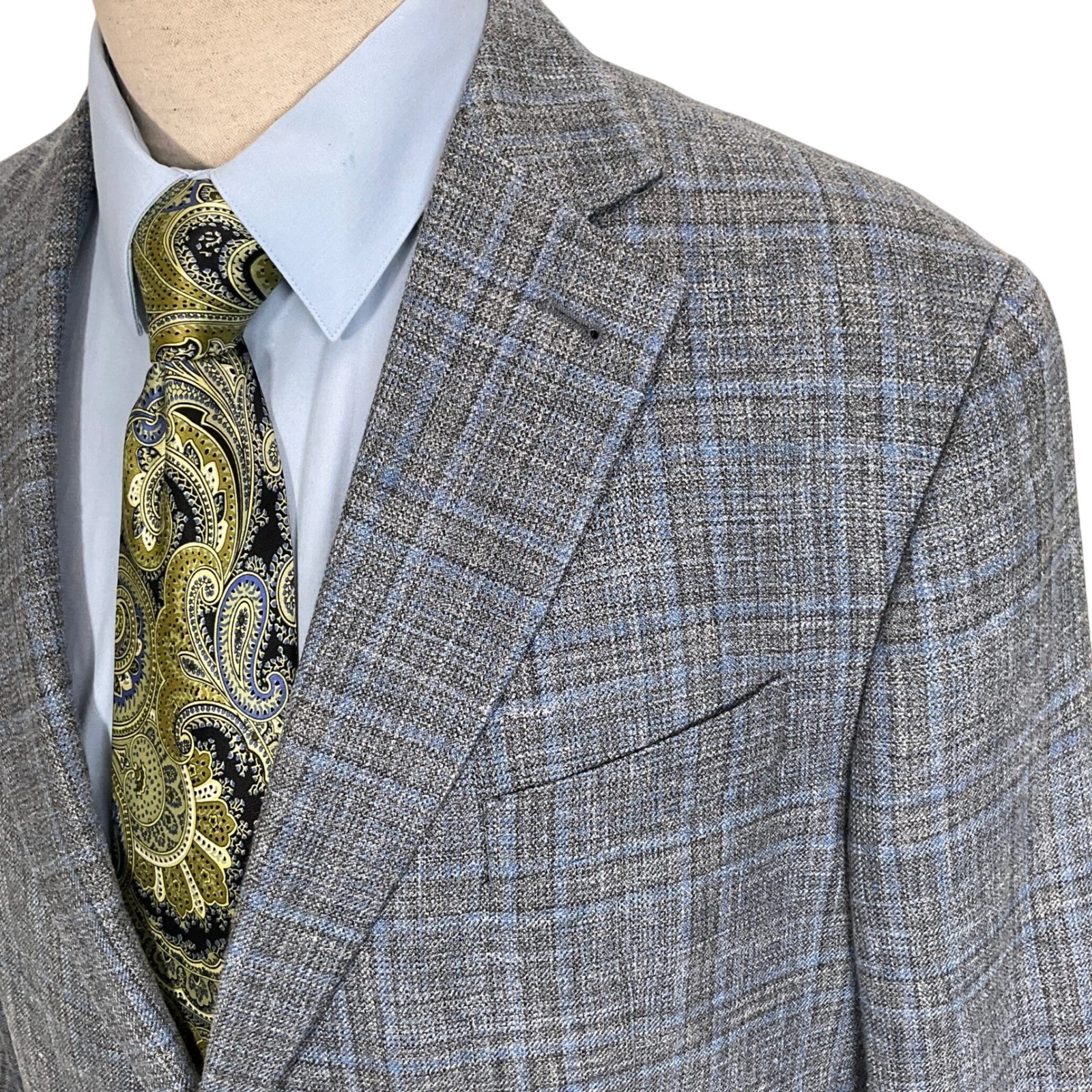 Joseph Abboud Heritage Mens Blazer 46R Grey Blue Plaid Wool Silk LinenE Thomas