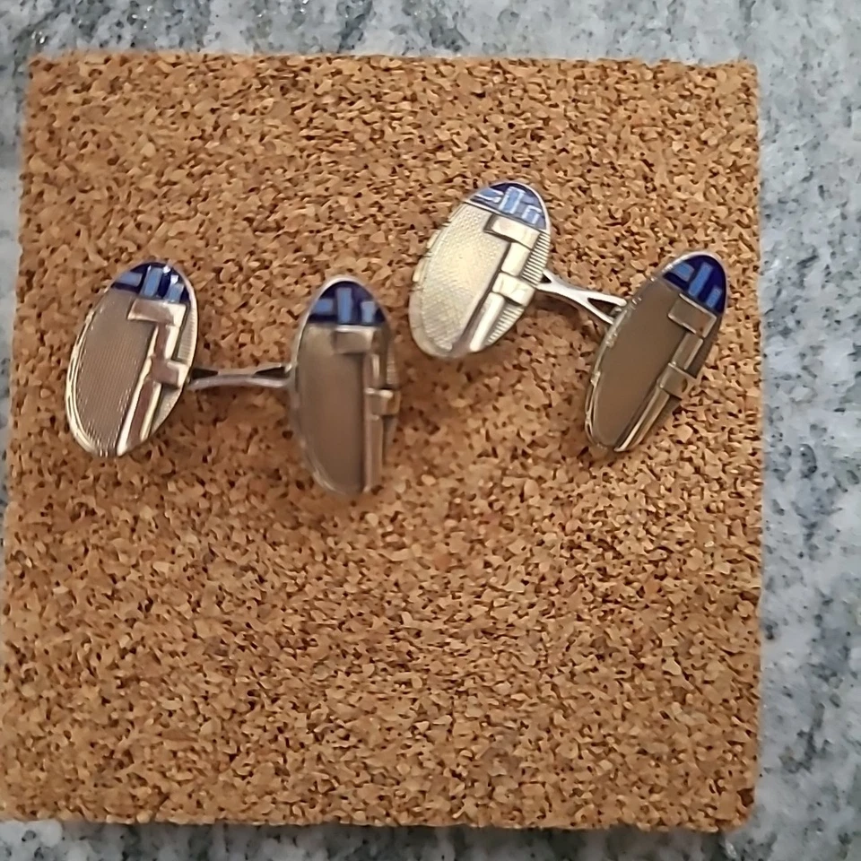 Coppia di Gemelli da Polso Vintage Art Déco – Anni ‘20/‘30 – Argento e Smalto - Immagine 2 di 3