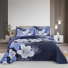 3 Pieces Quilt Set Queen Navy Blue Floral Pattern Quilt Coverlet Set Elegant