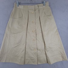 Vintage 70s Button Down Front Pleated Midi Skirt Womens 14 Beige Tan Khaki
