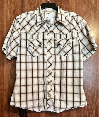 BKE Buckle TAN BROWN Western Short Sleeve Pearl Snap Shirt Men XL Slim Fit Plaid