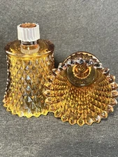 2 VTG MCM Amber Diamond Point Glass Votive Peg Candle Holders W/ Grommets