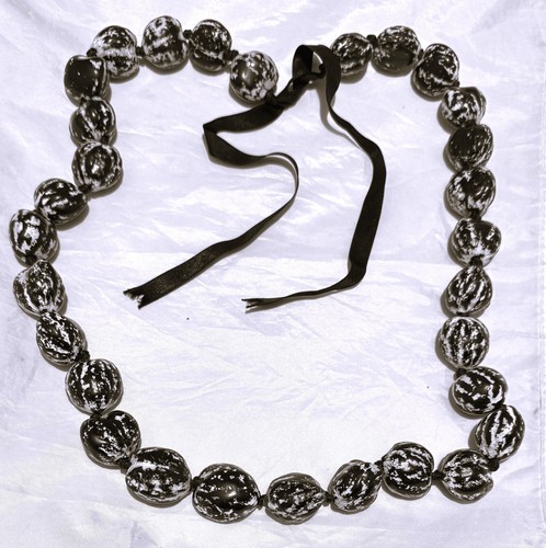 Kukui Nut Black & White Necklace Hawaii Lei Luau Graduation Wedding 32” +Ribbon