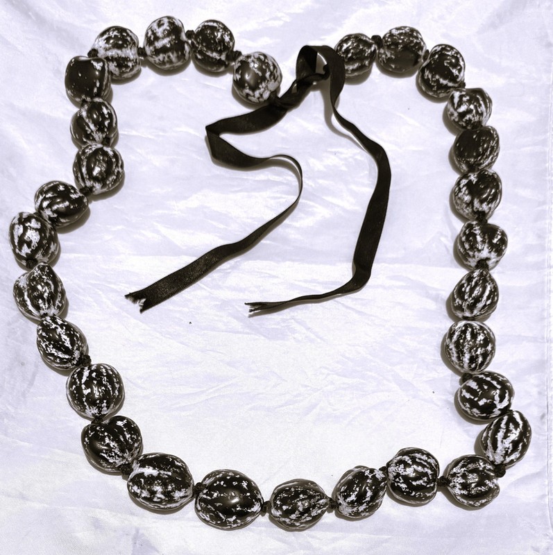 Kukui Nut Black & White Necklace Hawaii Lei Luau Graduation Wedding  32” +Ribbon