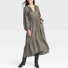 Leopard Print Long Sleeve Tiered Midi Dress Brown Flowy Relaxed Fit size Small