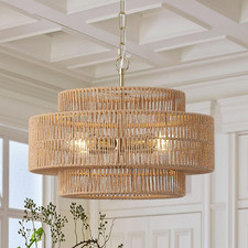 Large Boho Rattan 4-Light Chandelier for Dining Room  Living Spaces - Brown