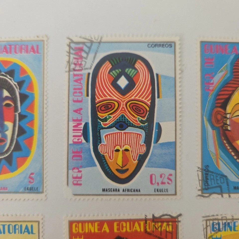 Juego de 6 estampillas de máscaras africanas ecuatoriales 1977 de Papúa Nueva Guinea circuladas Foto 3 de 4