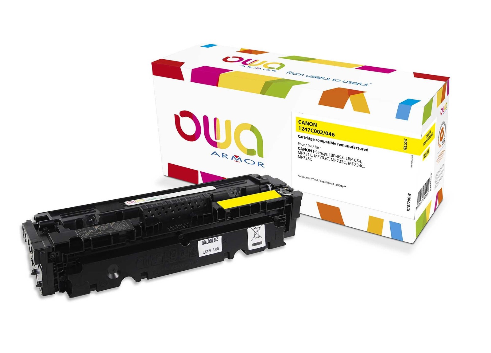 Toner laser remanufacturé jaune Armor OWA K18170OW, idéal pour impressions de rapports Canon 046