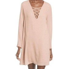 ASTR THE LABEL Pale Pink Lattice V-Neck Long Sleeve Shift Dress NWT Size Small