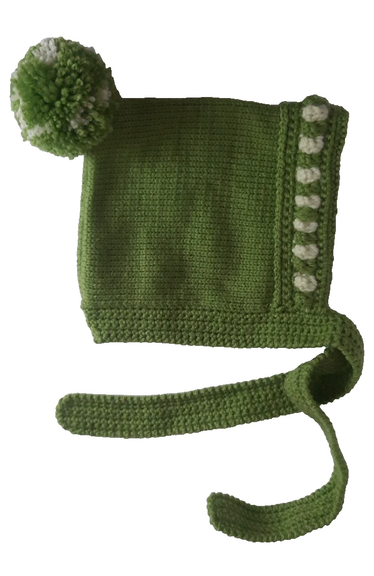 Knitted Baby Bonnet 0-3Months Up to 36 Months Green Pom Pom Hat Straps Handmade