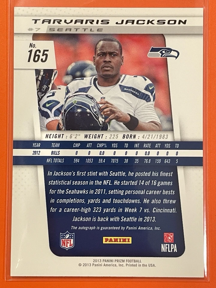 Panini Prizm Tarvaris Jackson 2013 novato automático RC #165 fútbol Seattle Seahawks Foto 2 de 2