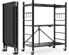 Himix Storage Shelves with 6 Hooks, 3 Tier Foldable Shelf 3-Tier, Black 