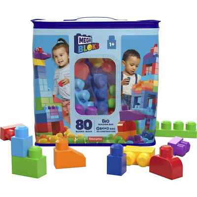 MEGA BLOKS Big Building Bag Toy Block Set (80 Blocks), Blue for Child 1Y+