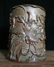 6" Old Chinese Bamboo Hand Carving Flower Pattern Brush Pot Pencil Vase