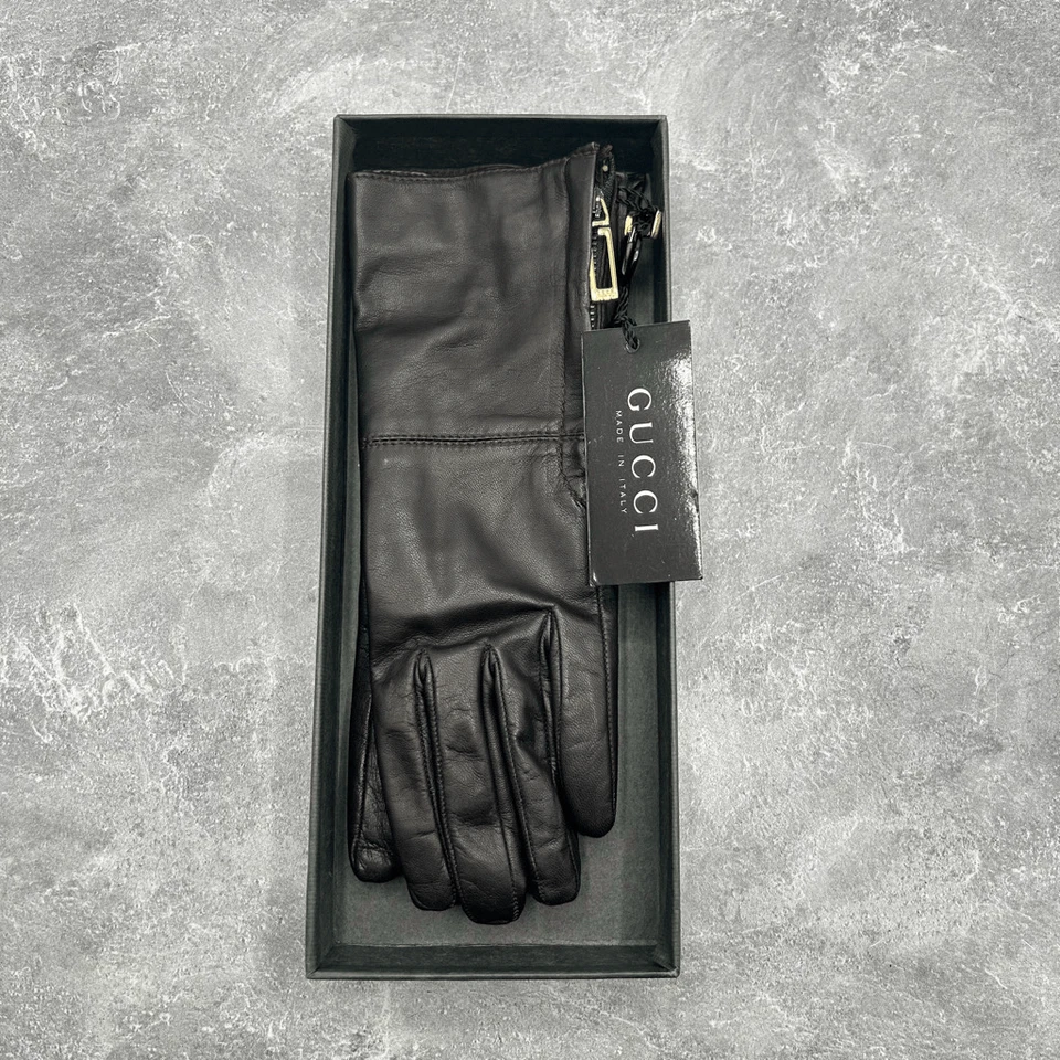 NUEVO CON ETIQUETAS Guantes Gucci Negros Cuero Genuino Napa Talla 6.5 G Logo Cremallera Lateral Con Caja Foto 2 de 4