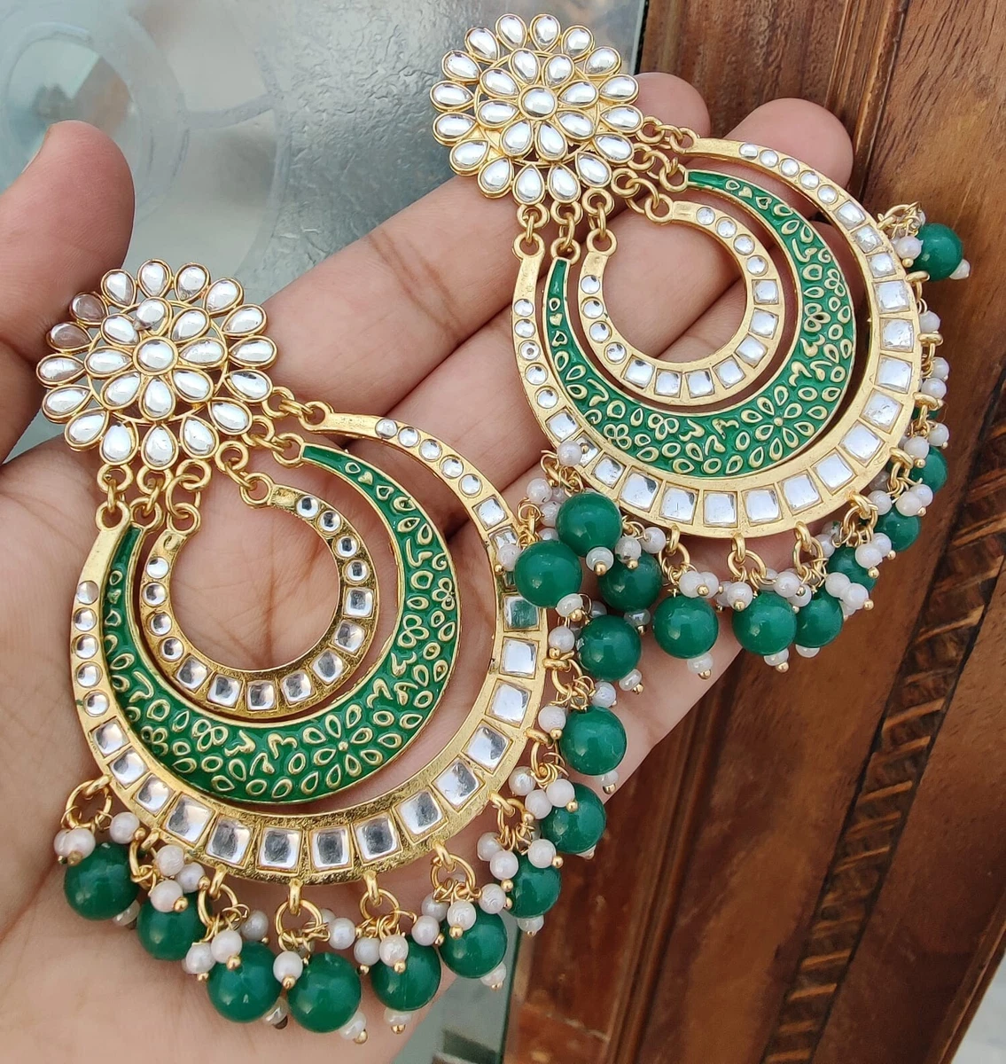 Indian Gold Plated Bollywood Style Kundan Chandbali Earrings Green Jewelry Set