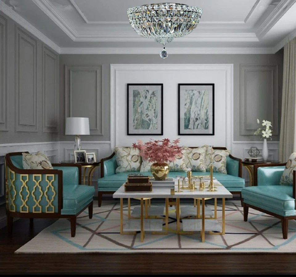 NUEVO Lámpara de araña de cristal MONTAJE EMPOTRADO 4 luces (14" x H9") cromo accesorio de techo Foto 2 de 2