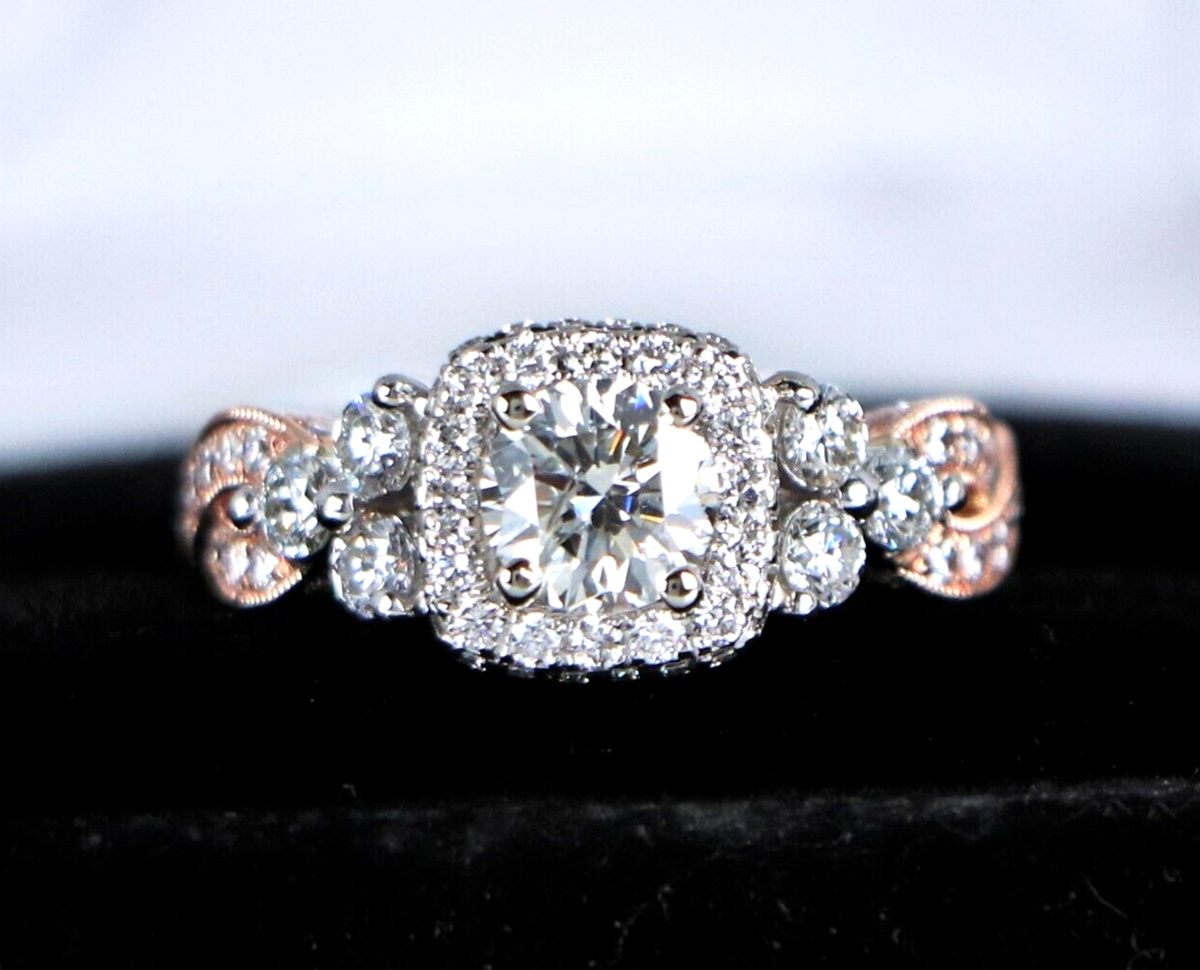 $6,000 Neil Lane 14K Rose White Gold Twisting Round Halo Diamond