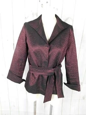 Galeande Purple Black Taffeta Collared Buttoned Belted Jacket - Size 42
