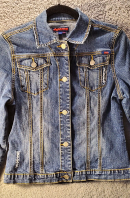 Yuka Jean Jacket L Blue Denim Lg Sleeve Destressed Embellished | eBay