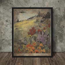Vintage UFO FLOWERS Wall Art, Retro Sci-Fi Botanical Decor, Alien Nature Poster