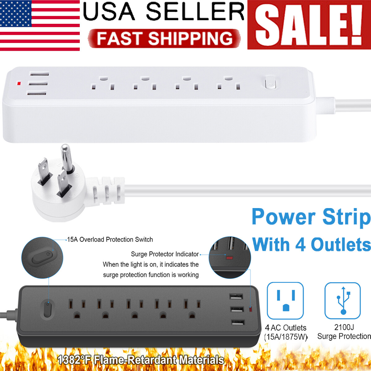 Surge Protector Power Strip w/5 Outlets and 3 USB Ports 4ft Flat Extension Cord-image