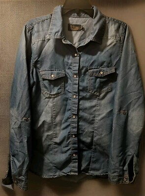 Ci Sono Damen blau Chambray Denim Button Down Perlen Druckknopf Hemd Rollriegel Größe M