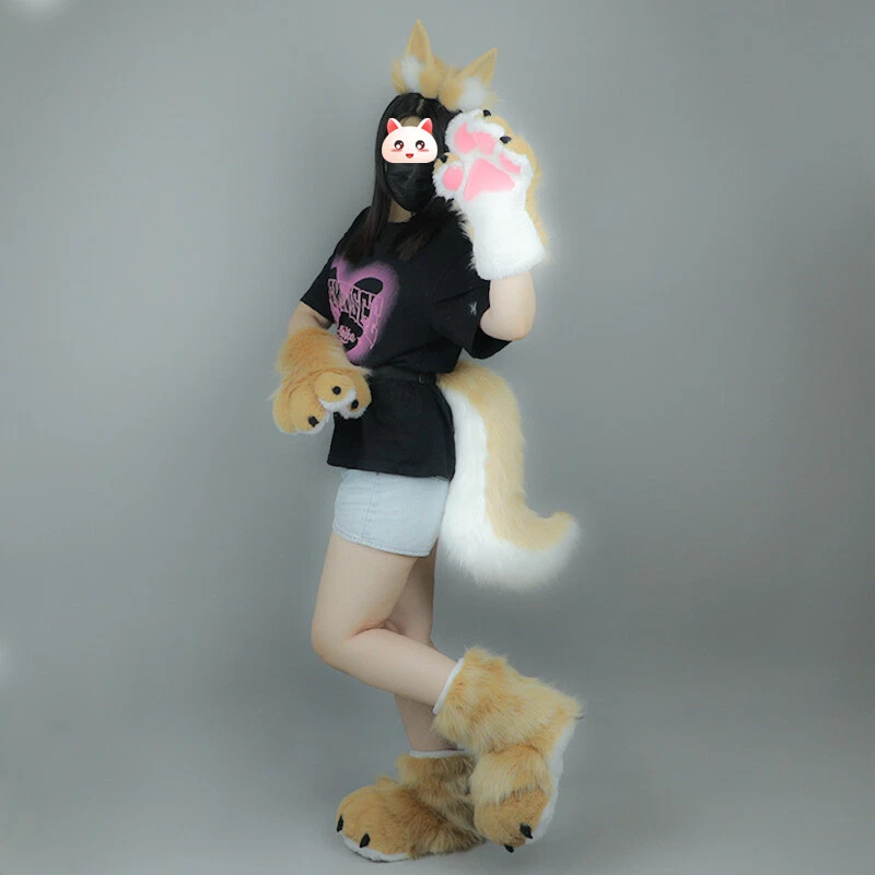 Fursuit Peluche Bestia Pie Zapatos Cola de Zorro Oreja Pelo Aro Garra Guante Juegos con disfraces Accesorios Foto 4 de 4