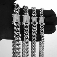 White Gold Plated Stainless Steel Miami Cuban Link Chain With CZ Clasp 8MM-14MM