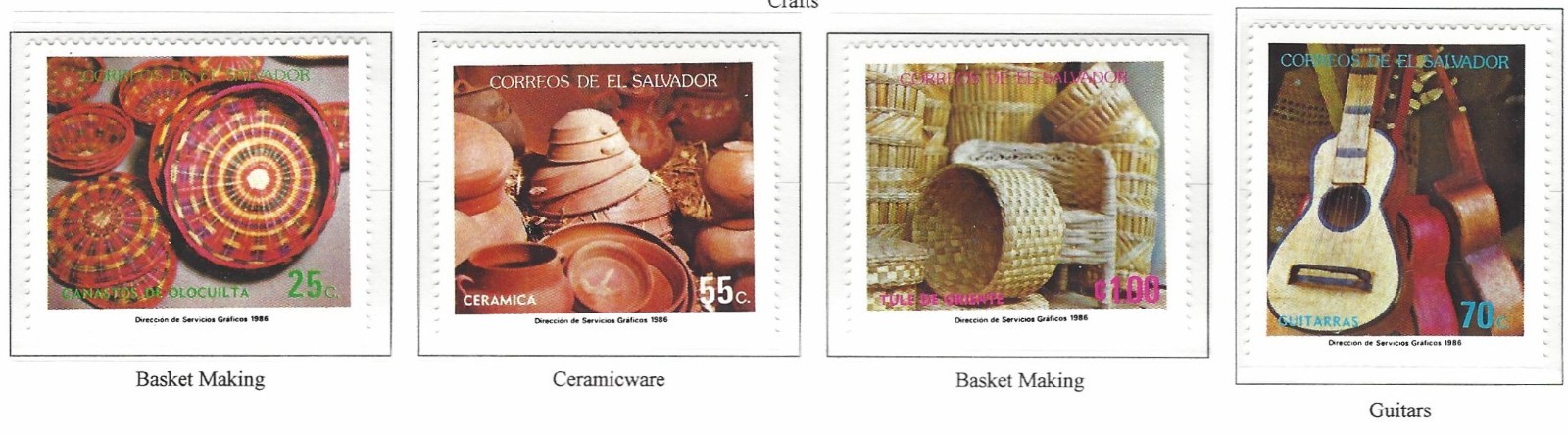 EL SALVADOR 1986 SCOTT 1120-3 CRAFTS CERAMICS GUITAR MINT NH