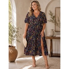 Whimsy Floral Ruffle Sleeve Side Slit Midi Dress Garden Party Wedding Plus Sz 14