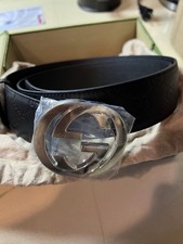 Gucci Mens Black Leather Belt w/ Silver GG Bu...